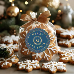 Adesivo Redondo Vintage Monograma Wreath Blue Xadrez Natal