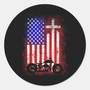 Adesivo Redondo Vintage Motorcycle USA Flag Christian Faith para B