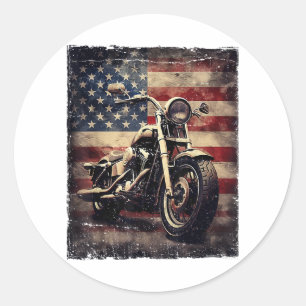 Adesivo Redondo Vintage Motorcycle USA Flag Retro Biker American