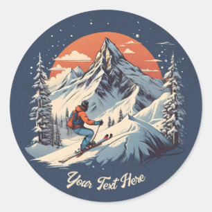 Adesivo Redondo Vintage Mountain Pine Skiing Laranja Sunset