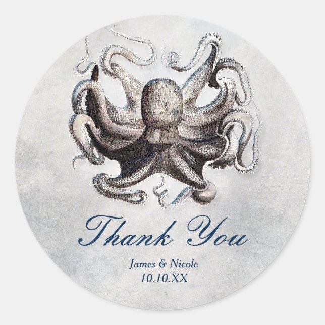 Adesivo Redondo Vintage Octopus Beach Wedding Elegant Sticker (Frente)