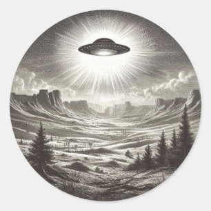 Adesivo Redondo Vintage OVNI sobre Aliens de Saucer Voadores do De
