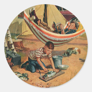 Adesivo Redondo Vintage Padre e Filho acampando, feliz Dia de os p