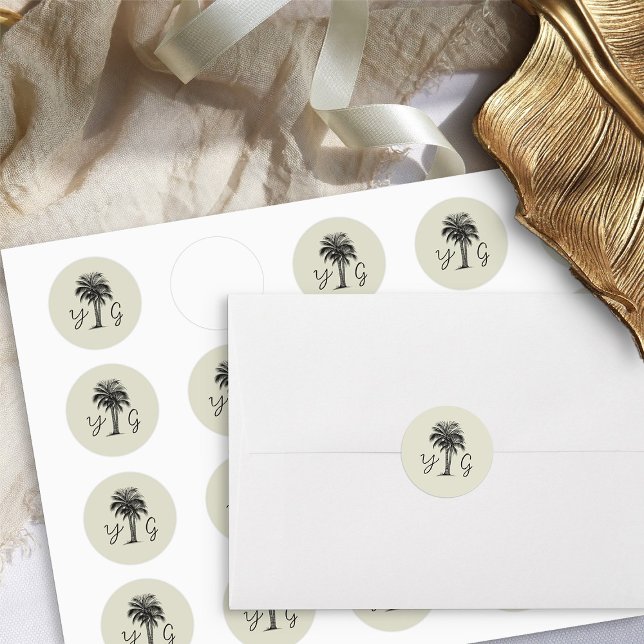 Adesivo Redondo Vintage Palm Monogrammed Wedding (Monogrammed wedding sticker - from my Vintage Palm Wedding Collection)