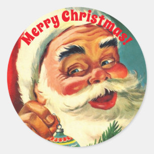 Adesivo Redondo Vintage Papai Noel que sorri com ornamento