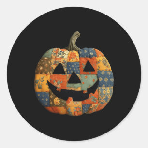 Adesivo Redondo Vintage Patchwork Pumpkin Quilado Halloween Queda