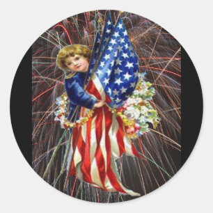 Adesivo Redondo Vintage Patriotic Child and Fireworks