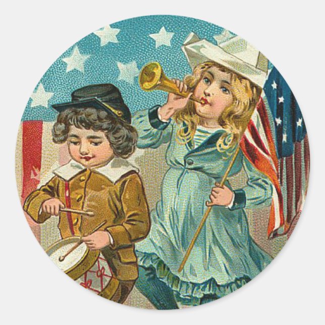 Adesivo Redondo Vintage Patriotic Girl and Boy Sticker (Frente)