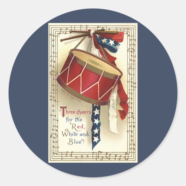 Adesivo Redondo Vintage Patriotic, Tambores com Notas Musicais (Frente)