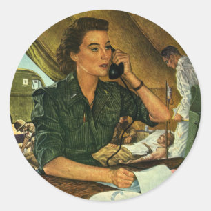 Adesivo Redondo Vintage patriótico, enfermeira médica no telefon