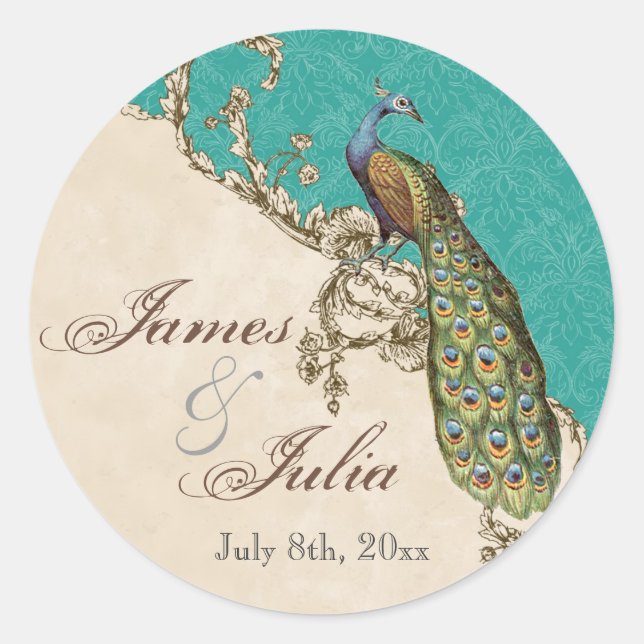 Adesivo Redondo Vintage Peacock & Etchings Casamento (Frente)