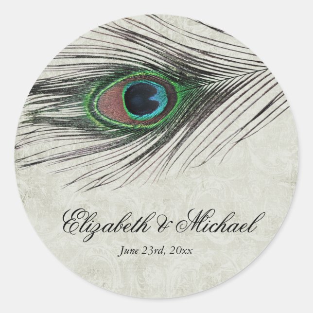Adesivo Redondo Vintage Peacock Feather Round Weding Label (Frente)
