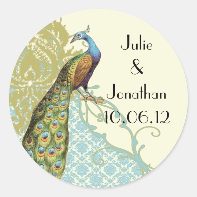 Adesivo Redondo Vintage Peacock Lagoa Damask Sticker (Frente)