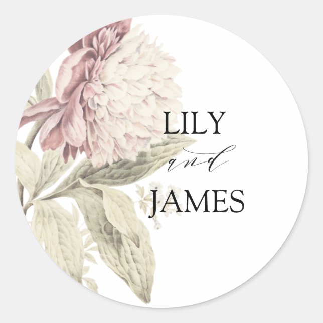 Adesivo Redondo Vintage Peony Botanical Fine Art Weding (Frente)
