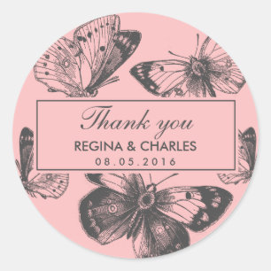 Adesivo Redondo Vintage Pink Butterfly Casamento Obrigado Sticker