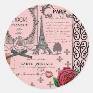 Adesivo Redondo Vintage Pink Paris Collage