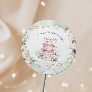 Adesivo Redondo Vintage Pink Watercolor Tea Party - primeiro anive