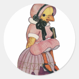 Adesivo Redondo Vintage Pintinho com um vestido cor-de-rosa bonito