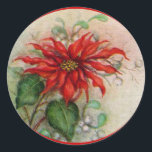 Adesivo Redondo Vintage Poinsettia Flower Christmas Sticker<br><div class="desc">Apresentando uma ilustração encantadora e vintage de uma flor de poinsettia vermelha com caimento vermelho à volta das bordas.</div>