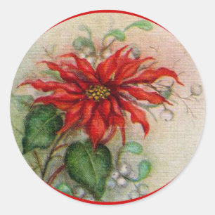 Adesivo Redondo Vintage Poinsettia Flower Christmas Sticker