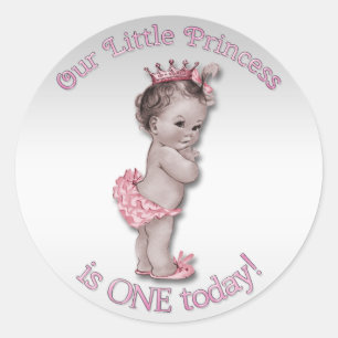Adesivo Redondo Vintage Princess Baby One Year Birday