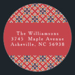 Adesivo Redondo Vintage Red Blue Christmas Return Endereço<br><div class="desc">Vintage Red Blue Geométrico Merry Christmas Return Endereço Clássico Round Sticker</div>