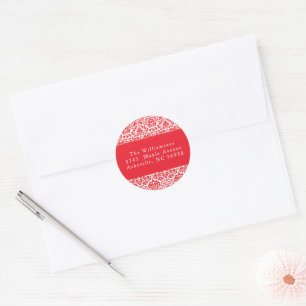 Adesivo Redondo Vintage Red Damask Custom Christmas Return Address