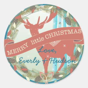 Adesivo Redondo Vintage Red Deer Aqua Birch Tree Snowflake