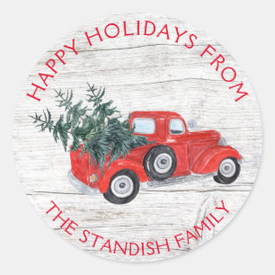 Adesivo Redondo Vintage Red Truck Árvores de Natal Barn Wood