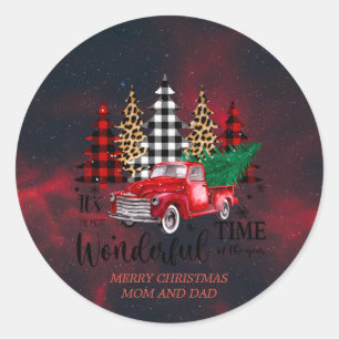 Adesivo Redondo Vintage Red Truck Feliz Natal Clássico Rua redonda