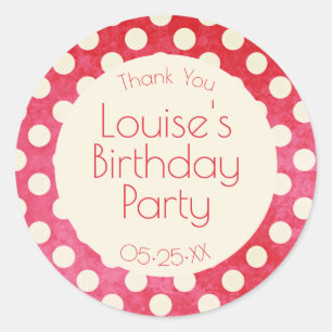 Adesivo Redondo Vintage Red White Bolinhas Aniversário Obrigado