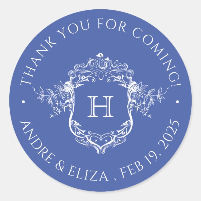 Adesivo Redondo Vintage Regency Blue Monograma Crest Casamento (Frente)