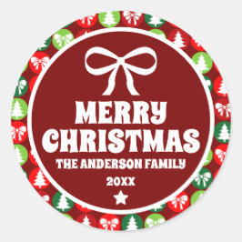 Adesivo Redondo Vintage Retro Árvores de Natal e Ornamento de Arco