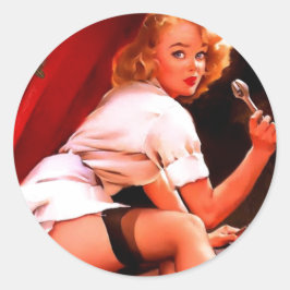 Adesivo Redondo Vintage Retro Car Mechanical Pinup Girl