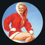 Adesivo Redondo Vintage Retro Natal Pin UP Girl<br><div class="desc">Pin Up Girl in Red ( Papais noeis Style Outfit foi um ilustrador americano clássico. Ele era um mestre em retratar o ideal feminino americano, mas não se limitava à indústria de pin-up de calendário. Ele foi fortemente influenciado pelos primeiros ilustradores da "menina bonito", como Charles Dana Gibson, Andrew Loomis...</div>