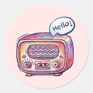 Adesivo Redondo Vintage Retro Radio Hello Watercolor