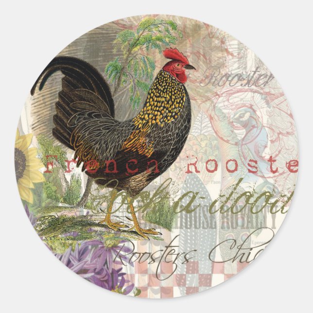 Adesivo Redondo Vintage Rooster French Collage Pet Fazenda (Frente)