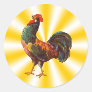 Adesivo Redondo Vintage Rooster no Yellow Star Background Sticker