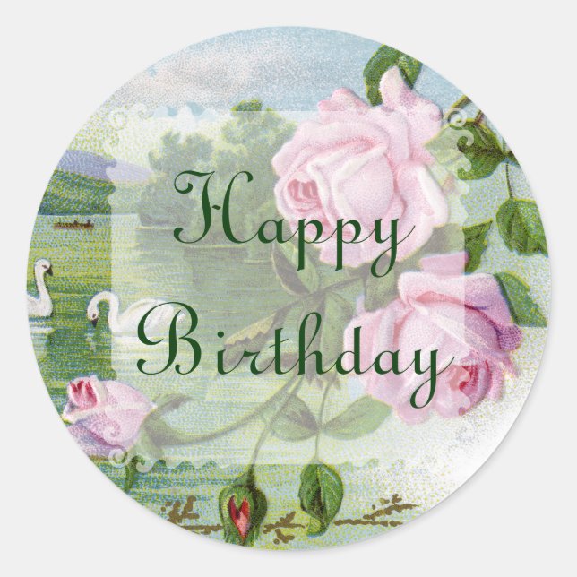 Adesivo Redondo Vintage Rosa Birthday Stickers (Frente)