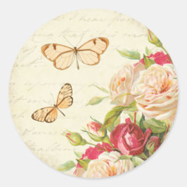 Adesivo Redondo Vintage Rosa floral vinheta de verão com borboleta