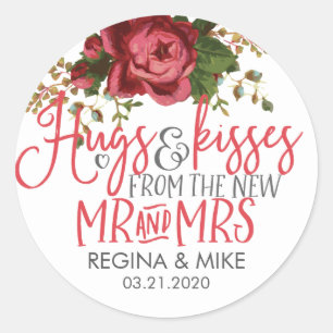 Adesivo Redondo Vintage Rosa vermelha Hugs e Kisses New Mr e Mrs.