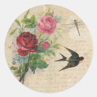 Adesivo Redondo Vintage Rosas Elegante Floral Dragonfly Chic