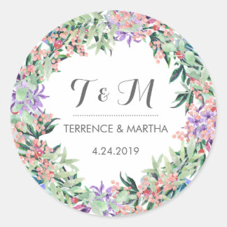 Adesivo Redondo Vintage Rustic Floral Wreath Wedding Favor