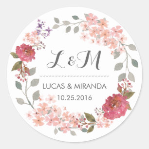 Adesivo Redondo Vintage Rustic Floral Wreath Weding Favor Sticker