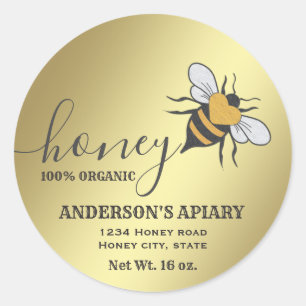 Adesivo Redondo Vintage rústico: abelha dourada, logótipo da abelh