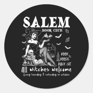 Adesivo Redondo Vintage Salem Witch Leading Books Halloween Spooky