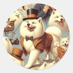 Adesivo Redondo Vintage Samoyed Dog Seless Painting