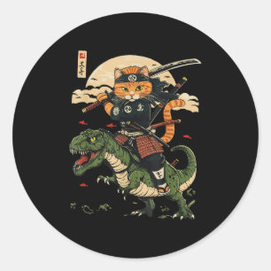 Adesivo Redondo Vintage Samurai Cat Dinossaur Japonês Art Graphic