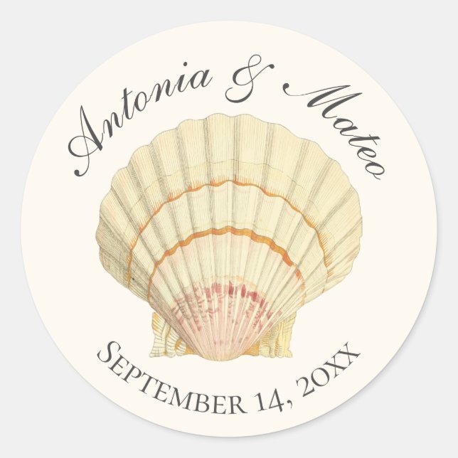 Adesivo Redondo Vintage Scallop Solteiro Seashell Wedding (Frente)