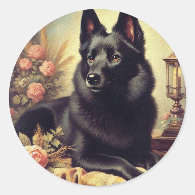Adesivo Redondo Vintage Schipperke Dog Painting (Frente)